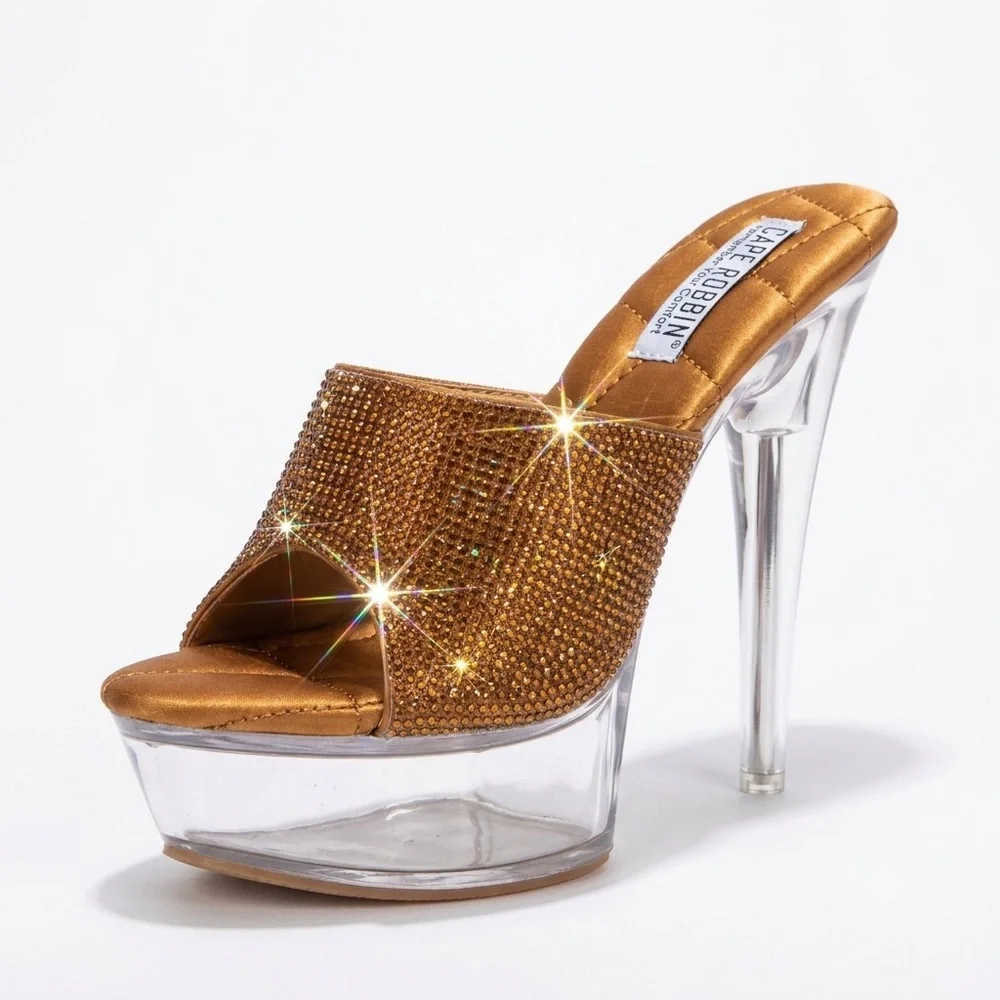 Y2K Glam Bronze Crystal Rhinestone Clear Platform Mules
